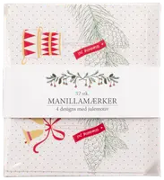 Förpackning med 32 manillamärken med fyra julmotiv: trummor, klockor, grankvistar och röda band. Perfekta för att märka julklappar.