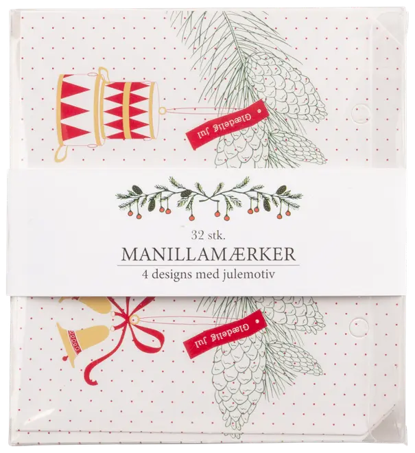 Pakke med 32 manillamærker med fire forskellige julemotiver, herunder trommer, klokker, grangrene og røde bånd. Perfekte til gaveetiketter i juletiden.