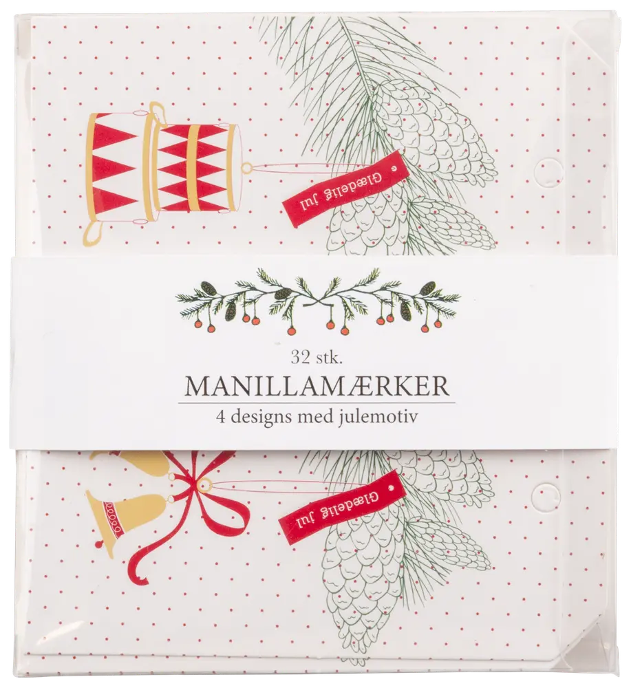 Förpackning med 32 manillamärken med fyra julmotiv: trummor, klockor, grankvistar och röda band. Perfekta för att märka julklappar.