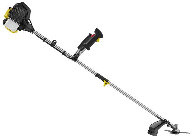 Benzindrevet græstrimmer med lige skaft, ergonomisk håndtag og beskyttelsesskærm. Ideel til effektiv klipning af græs og ukrudt i haven. Let og nem at håndtere.