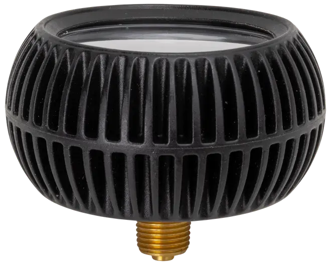 Rund svart LED-spotlight med räfflad kylfläns, klar lins och mässingsfäste. Passar utomhus- eller trädgårdsbelysning. Robust, väderbeständig konstruktion för lång hållbarhet.