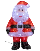 Upplyst jultomte-dekoration med röd dräkt, svarta stövlar och bälte. Tillverkad av texturerad akryl, med vita och röda LED-lampor, för inomhus- eller utomhusbruk.