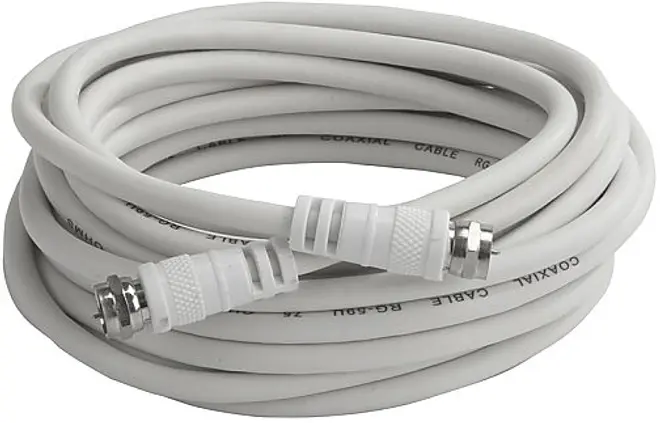 Hvid koaksialkabel med F-type stik i begge ender, velegnet til TV, internet eller satellit. Robust isolering, cirka 3 meter lang, fleksibel og nem at montere.