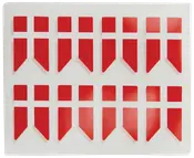 Ark med 10 klistermærker formet som Dannebrog, røde og hvide med kors og spidse ender, velegnet til dekoration eller hobby.