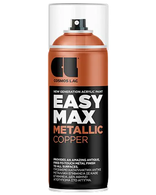 Kobber metallic spraymaling, akrylbaseret, egnet til forskellige overflader. Giver en berøringsfri metalfinish, nem påføring og har sort og kobberfarvet etiket.
