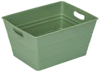 Rektangulär grön plastförvaringslåda med prickigt mönster, inbyggda handtag på sidorna och slät insida. Perfekt för organisering av hemartiklar, leksaker eller kontorsmaterial.