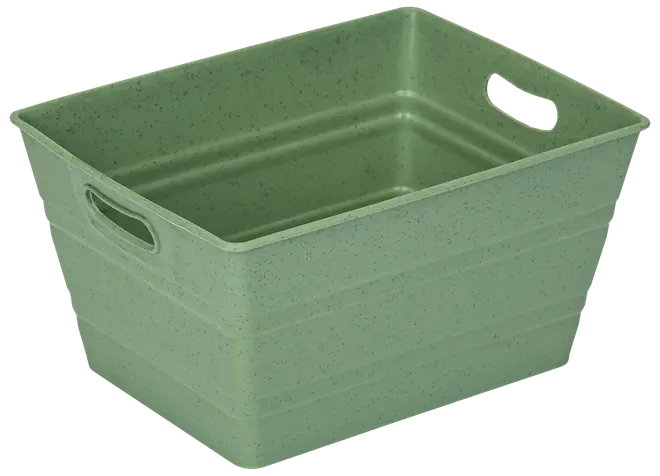 Rektangulär grön plastförvaringslåda med prickigt mönster, inbyggda handtag på sidorna och slät insida. Perfekt för organisering av hemartiklar, leksaker eller kontorsmaterial.