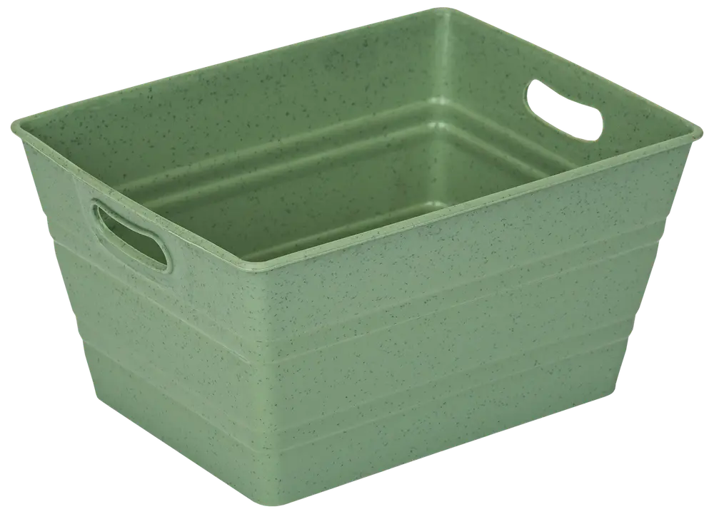 Rektangulär grön plastförvaringslåda med prickigt mönster, inbyggda handtag på sidorna och slät insida. Perfekt för organisering av hemartiklar, leksaker eller kontorsmaterial.
