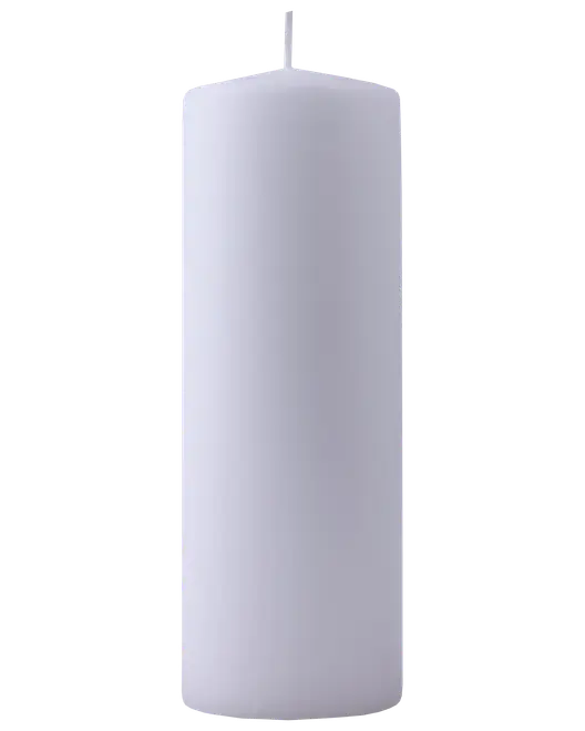 Vit, doftfri blockljus med slät cylindrisk form, flat topp och centrerad veke. Passar för dekoration, evenemang eller nödbelysning. Klassisk, minimalistisk design.