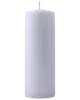Hvid bloklys med glat, cylindrisk form, flad bund og enkelt, centreret væge. Uparfumeret, velegnet til dekoration eller stemningsbelysning i hjemmet eller til begivenheder.