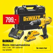 Bore-skruemaskine, oplader og batterier fra mærket DeWalt