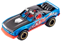 Blå och svart leksaksracerbil med röda detaljer, flamdekal, synlig motor, guldfälgar och reservdäck bak. Nummer 23 på sidan.