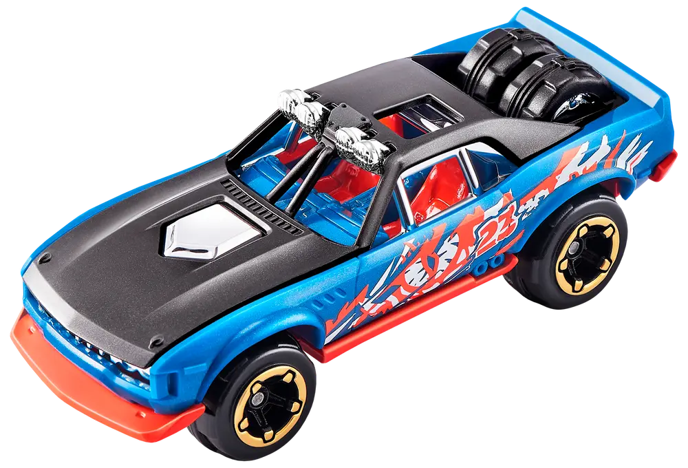 Blå och svart leksaksracerbil med röda detaljer, flamdekal, synlig motor, guldfälgar och reservdäck bak. Nummer 23 på sidan.
