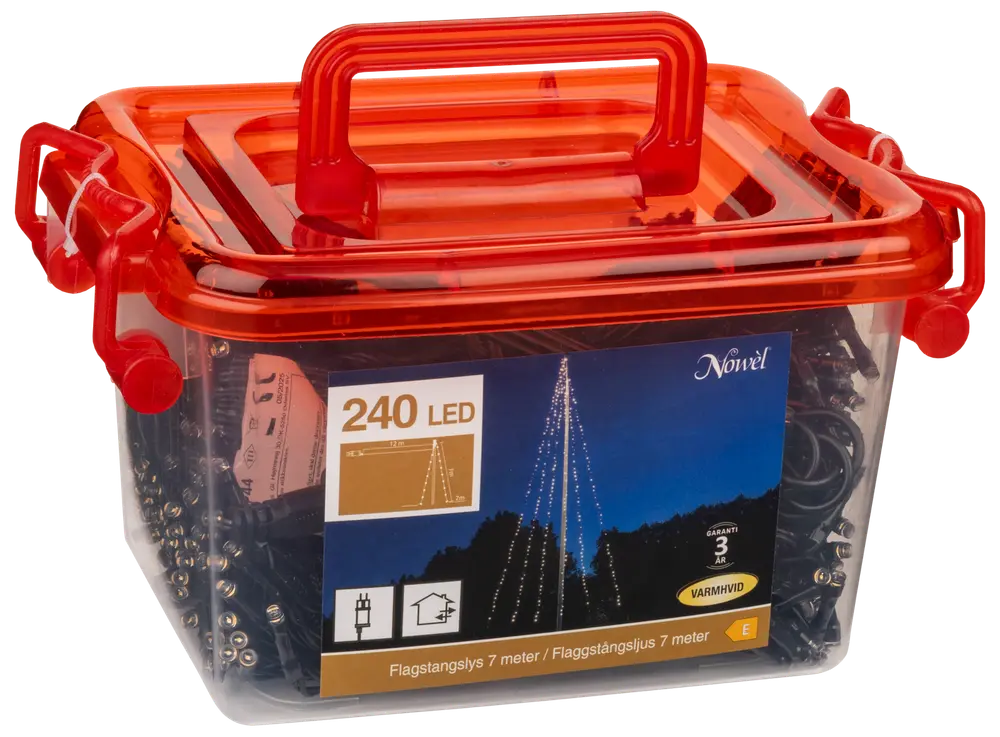 Box med 240 varmvita LED flaggstångsljus, 7 meter lång, för utomhusbruk. Inkluderar strömkontakt, tre års garanti och robust orange plastlåda med handtag.