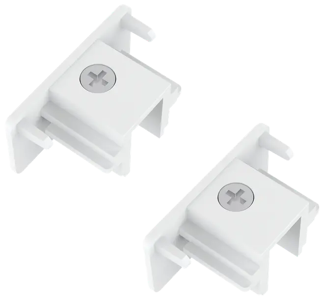 Sæt med to hvide plastikbeslag med integrerede skruer, designet til sikker montering af genstande på overflader. Hvert beslag har en slids for nem installation.