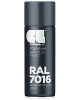 400 ml spraydåse med Cosmoslac premium akrylmaling i RAL 7016 antracitgrå. Mørkegrå farve, velegnet til forskellige overflader, med mat finish.