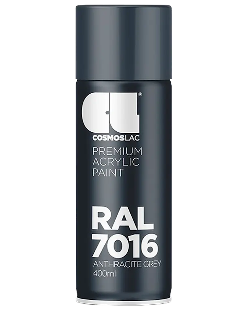 400 ml spraydåse med Cosmoslac premium akrylmaling i RAL 7016 antracitgrå. Mørkegrå farve, velegnet til forskellige overflader, med mat finish.