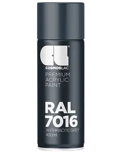400 ml spraydåse med Cosmoslac premium akrylmaling i RAL 7016 antracitgrå. Mørkegrå farve, velegnet til forskellige overflader, med mat finish.