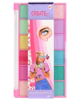 Farverig øjenskyggepalette til børn med tolv pastel- og klare nuancer i lyserød æske. Velegnet til 6 år og opefter. Sjov emballage med grafiske illustrationer.