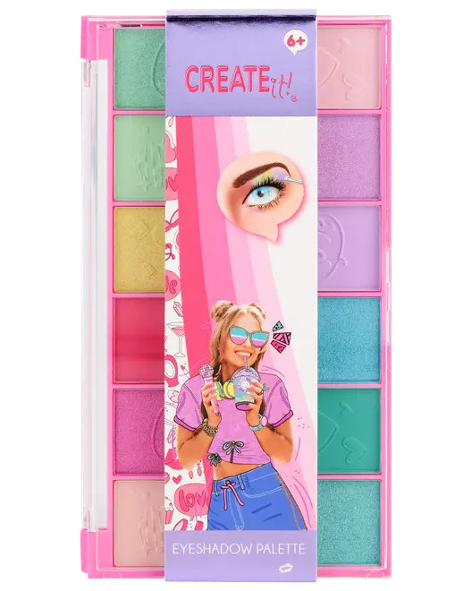 Farverig øjenskyggepalette til børn med tolv pastel- og klare nuancer i lyserød æske. Velegnet til 6 år og opefter. Sjov emballage med grafiske illustrationer.