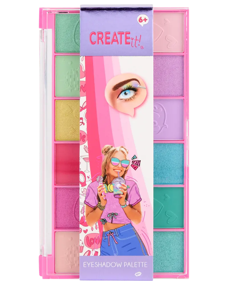 Farverig øjenskyggepalette til børn med tolv pastel- og klare nuancer i lyserød æske. Velegnet til 6 år og opefter. Sjov emballage med grafiske illustrationer.