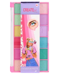 Farverig øjenskyggepalette til børn med tolv pastel- og klare nuancer i lyserød æske. Velegnet til 6 år og opefter. Sjov emballage med grafiske illustrationer.