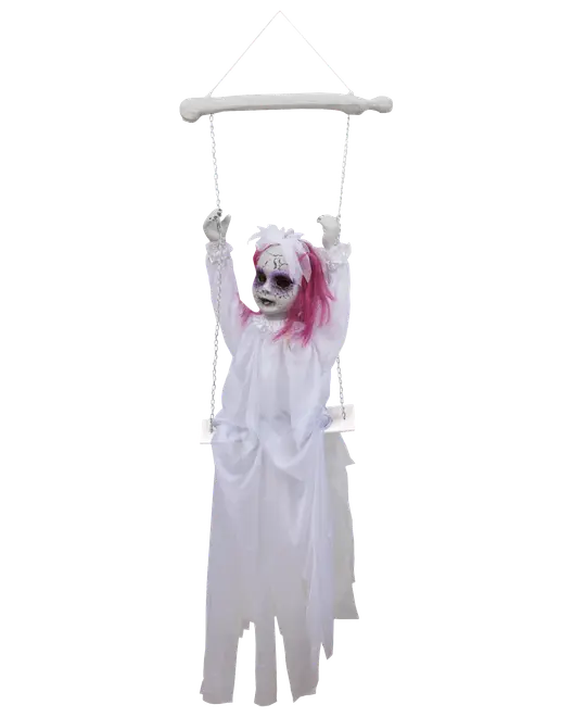 Hängande Halloween-dekoration med spökfigur i vit klänning och rosa hår, sittande på en gunga. Perfekt för skrämmande dekoration inomhus eller utomhus. Lätt att hänga upp.