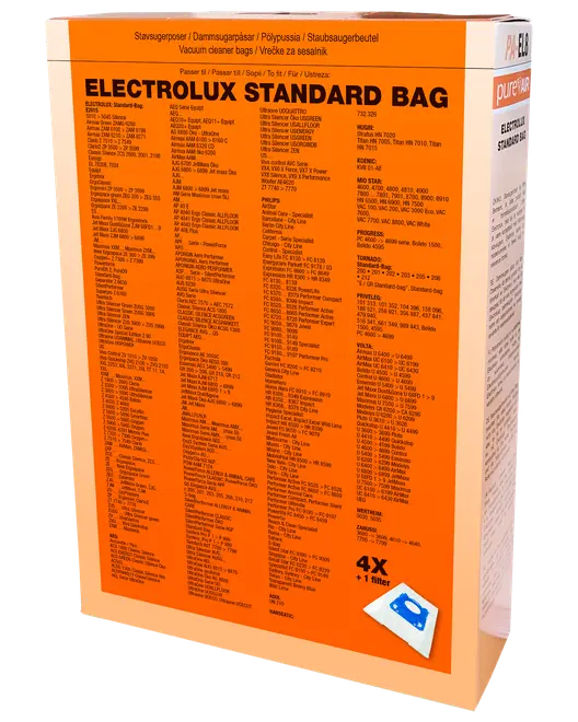 Electrolux Standard Bag dammsugarpåsar, 4-pack med 1 filter. Passar flera modeller, listade på orange förpackning. För effektiv dammuppsamling och enkel byte.