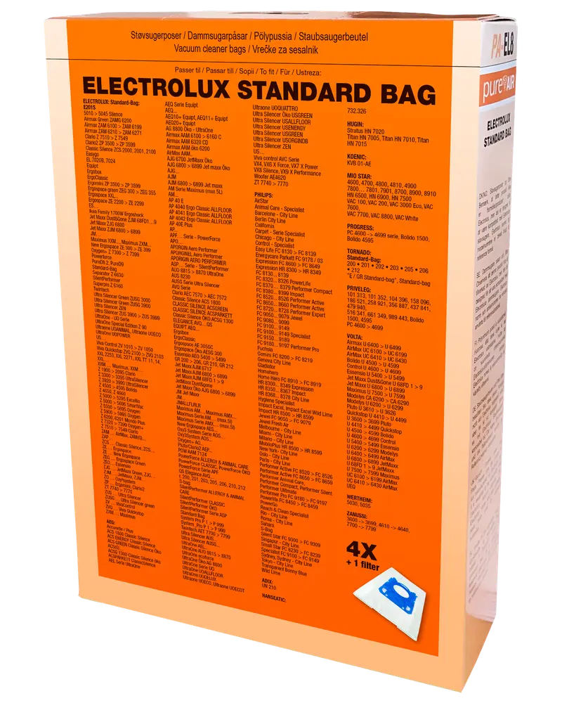 Electrolux Standard Bag dammsugarpåsar, 4-pack med 1 filter. Passar flera modeller, listade på orange förpackning. För effektiv dammuppsamling och enkel byte.