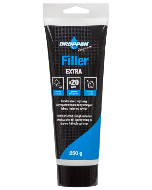 250g tube Droppen Elegance Filler Extra, vandbaseret akrylfiller til dybe huller og revner, lav lugt, lagtykkelse op til 20mm, egnet til indendørs brug.