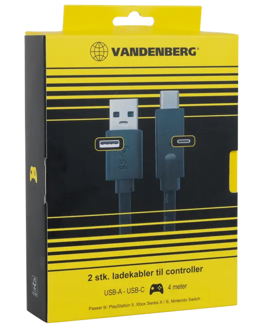 Vandenberg USB-A til USB-C ladekabler, 2 stk., 4 meter lange, kompatible med PlayStation 5, Xbox Series X/S og Nintendo Switch controllere.