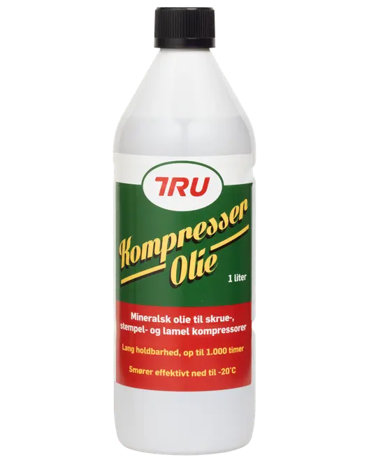 Enlitersflaska TRU kompressorolja, mineralolja för skruv-, kolv- och lamellkompressorer. Lång hållbarhet, smörjer effektivt ner till -20°C. Grön och röd etikett.