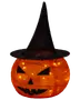 Halloween-dekoration med upplyst orange pumpa, svart häxhatt, trekantiga ögon, näsa och taggig mun. Passar för festlig inomhus- eller utomhusbruk.