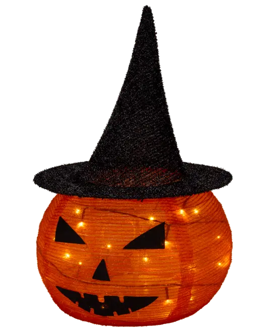 Halloween-dekoration med upplyst orange pumpa, svart häxhatt, trekantiga ögon, näsa och taggig mun. Passar för festlig inomhus- eller utomhusbruk.