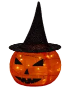 Halloween-dekoration med upplyst orange pumpa, svart häxhatt, trekantiga ögon, näsa och taggig mun. Passar för festlig inomhus- eller utomhusbruk.