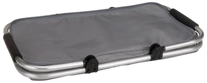 Sammenklappelig campingstol med gråt stofsæde og sølvfarvet metalramme, sorte plastled og polstrede håndtag. Let og kompakt til nem transport og opbevaring.