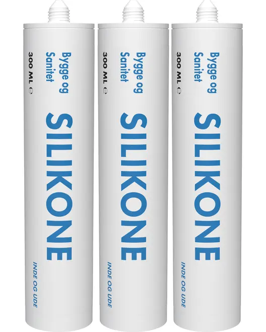Tre hvide 300 ml silikoneforseglingstuber med blå SILIKONE- og Sanitet-tekst, hver med gevindstuds og hætte.