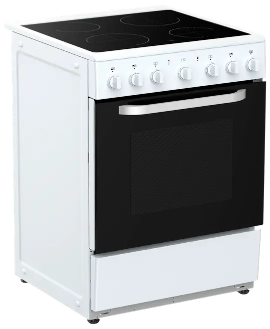 Fristående elspis med fyra keramiska kokplattor, vred på fronten, stor svart ugnslucka med fönster och robust silverhandtag. Vit utsida och förvaringslåda nedtill.