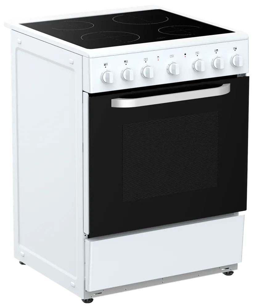 Fristående elspis med fyra keramiska kokplattor, vred på fronten, stor svart ugnslucka med fönster och robust silverhandtag. Vit utsida och förvaringslåda nedtill.