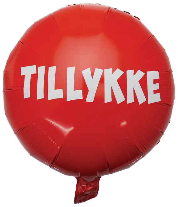 Rød, rund folieballon med teksten 'TILLYKKE' i store, hvide bogstaver. Ballonen har blank overflade og en lille hale forneden, perfekt til festlige lejligheder.