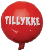 Rød, rund folieballon med teksten 'TILLYKKE' i store, hvide bogstaver. Ballonen har blank overflade og en lille hale forneden, perfekt til festlige lejligheder.