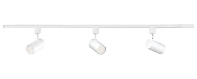 Moderne hvidt skinnespot med tre justerbare cylindriske spotlys på en lige skinne, ideel til retningsbestemt belysning i stue, køkken eller galleri.