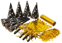 Nyårsfestkit med svarta och guldiga hattar, tutor, konfetti, prasslande dekoration och guldfärgad mittdekoration. Festligt klock- och stjärnmotiv. Passar gruppfiranden.