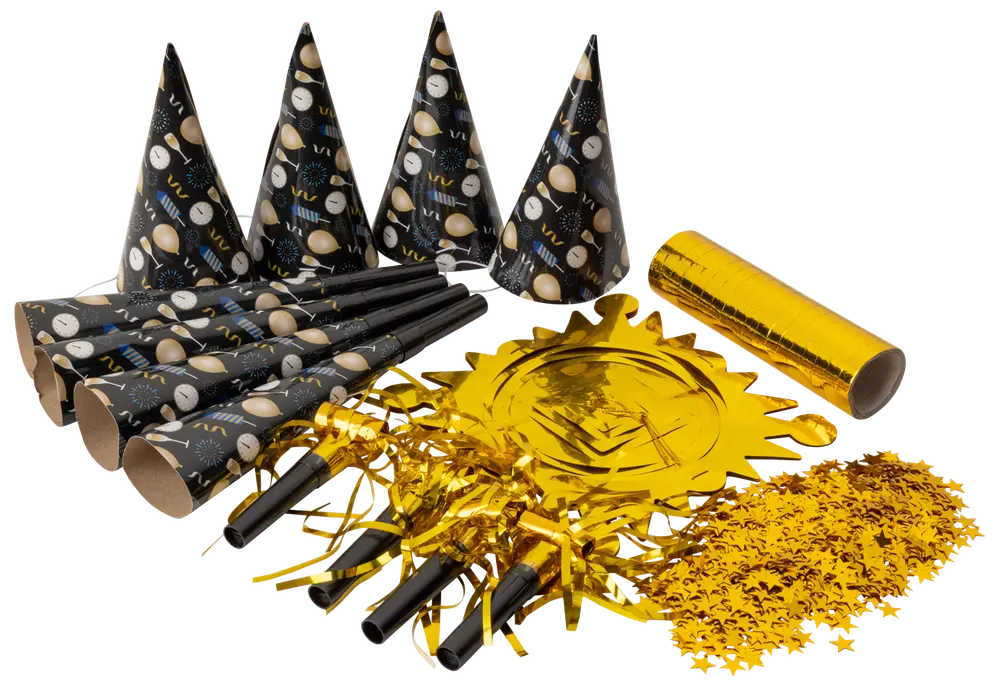 Nyårsfestkit med svarta och guldiga hattar, tutor, konfetti, prasslande dekoration och guldfärgad mittdekoration. Festligt klock- och stjärnmotiv. Passar gruppfiranden.