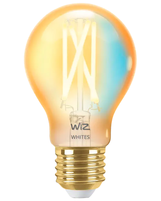 WiZ Whites LED filamentpære med ravfarvet glas, standard A60-form, E27 fatning, synlige filamenter, udsender varmt hvidt lys, energieffektiv, velegnet til dekorativ og generel belysning.