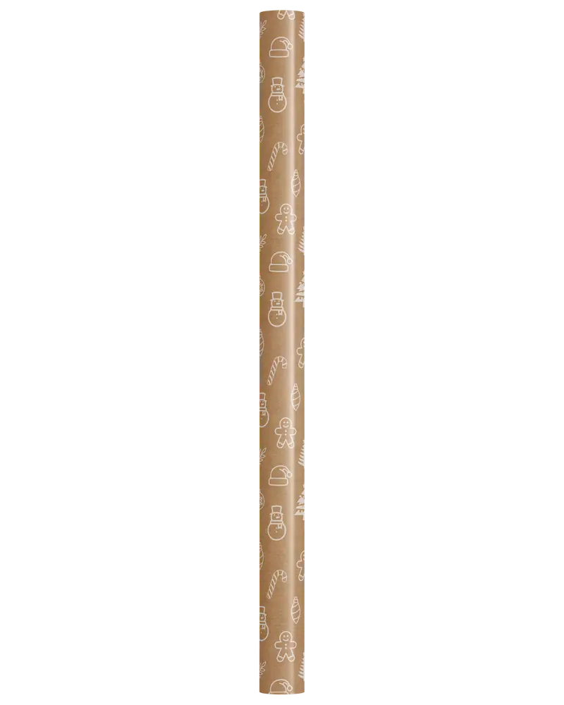 Brun papirrulle med et festligt mønster af hvide konturer af julemotiver, herunder honningkagemænd, snemænd, nissehuer og slikstokke. Papiret har en mat overflade, og designet er jævnt fordelt, hvilket giver et hyggeligt juleudtryk.