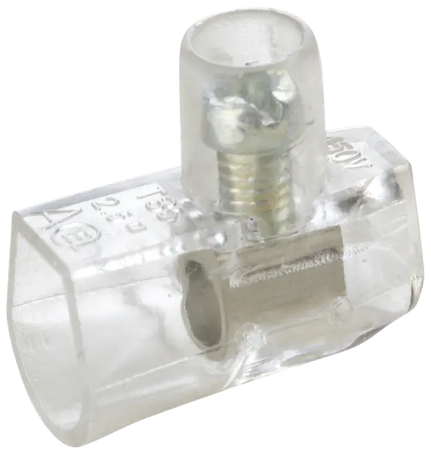 Transparent elektrisk kopplingsklämma med metallinsats och skruv för kabelanslutning, lämplig för 250V. Kompakt design för säker och enkel kabelkoppling.