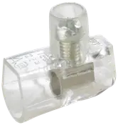 Transparent elektrisk kopplingsklämma med metallinsats och skruv för kabelanslutning, lämplig för 250V. Kompakt design för säker och enkel kabelkoppling.