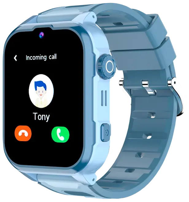 Lyseblåt smartwatch med rektangulær touchskærm, silikonerem, sideknapper og kamera. Skærmen viser indgående opkald med svar- og afvis-knapper. Moderne design til daglig brug.