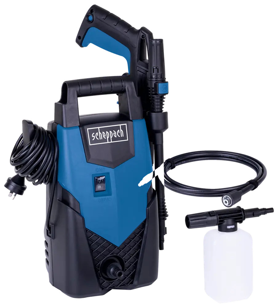 Elektrisk højtryksrenser med blå og sort kabinet, ergonomisk håndtag, tilsluttet slange, sprøjtepistol og separat sæbeflaske. Kompakt design til rengøring hjemme.